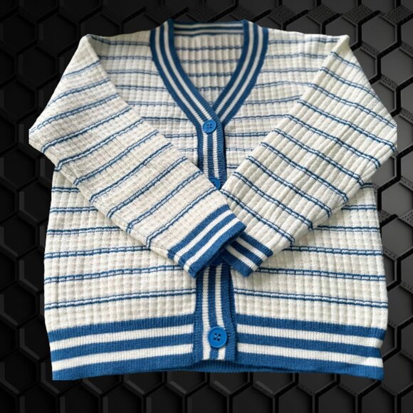 Kids’ Striped Knit Cardigan Blue and White Button-Up - Picture 3 of 9